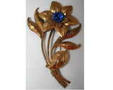 Elegant 1940s Gold Metal on Sterling Flower Pin with Sapphire Glass - Brooch - Winter - Goldtone Metal - 1940s Elegance - 28145-1
