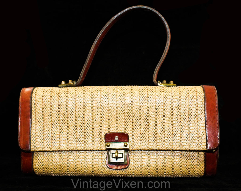 1960s Designer Purse by Etienne Aigner - Natural Woven Raffia, Cognac Leather & Brass Handbag - 60s Artisan Made Preppy Chic Top Handle Bag