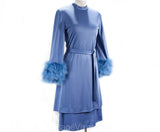 Size 10 1970s Dress by Lilli Diamond - Long Sleeved 70s Glamour Cocktail - Marabou Feather Cuffs - Periwinkle Blue Knit - Zsa Zsa - Bust 38