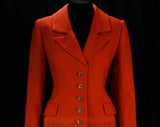Size 8 Designer Suit - Exquisite Couture Quality Orange Wool Jacket & Skirt by Peggy Jennings - Rainbow Glass Buttons - Waist 28
