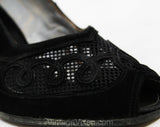 Size 4.5 Black 40s Shoes - Unworn 1940s Suede Heels with Curlique Appliques - 4 1/2 Small Sized Open Toe Pumps - Post WWII Era NOS Deadstock