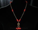 Faux Coral Lariat Style Necklace - Pretty 1960s Summer Resort Jewelry - Orange Plastic Beads - Metal Chain Tassel - 60s Jewelry - 44293