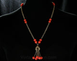 Faux Coral Lariat Style Necklace - Pretty 1960s Summer Resort Jewelry - Orange Plastic Beads - Metal Chain Tassel - 60s Jewelry - 44293