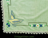 1940s Bluebirds Tablecloth - 40s 50s Blue Swallows & Daisy Embroidery - Mint Green Cotton Bridge Table Cloth - Birds are Usable Pockets