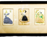 Madrid Spain Set of 3 Framed Pictures - Embroidered Authentic Vintage Postcards - Spanish Señoritas & Señors - Cadiz Malaga Aragon Cordoba