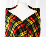Red Yellow Green Plaid Scarf - 1950s 60s Tartan Artisan Style Woven Wool - Large Rectangle with Self Fringe - Fall Winter Cozy Coat Scarf