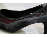 As Is Size 7 Shoes - Sexy 1980s Black Asymmetric Peep Toe Heels - Cutout Leather Stripes - 3 Inch Date Night Heels - Unworn 80s Deadstock
