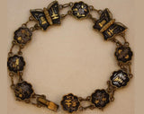 Butterflies Thai Niello Bracelet with 24KT Gold Detail - Black Japanned Metal - 1940s Butterfly & Birds - 40s Thailand Siam - 34758