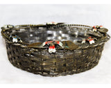 1950s Tole Basket with Heart Shape & Sweet Flowers - Shabby 40s 50s Silver Metal Hand Woven Decorator Container - Red Blue White Hand Paint