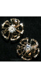 Metalwork Flower Earrings - Spring Goldtone 1950s Clip Earring - Bold Blooms - Classic Mid Century - Rhinestones - Mint Condition - 38441-1