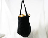 Deco 1930s Black Suede Bag - 30s Purse with Metallic Gold Cord & Lining - Pouch Style Handbag - Suede Is Crocking Color - Strap As Is