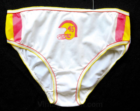 XS Small Panties - Cheeky 1970s Football Theme Bikini Panty - Player 45 - Sexy Sports Novelty Print - 70s Deadstock with Tag - NOS - 30298-6