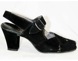 Size 6 Shoes - 40s Black Suede Peep-Toe Slingback - 6AA Pumps - 1940s Deadstock - Fall - Mint Condition - Criss-Cross Design - 40286-1