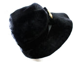 Soft Black Hat with Brass Buttons & Velvet Band - Furry Velvety Napped Felt - 1930s Look Floppy Brim Millinery - Mixed Eras - Eva NYC Label