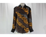 Size 12 Safari Shirt - 1990s Designer Erez Animal Print Large Silk Top - Leather Trims - Tiger Tan Brown Black White - Cache Label - Bust 40