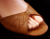 Unworn Size 8 Tan Sandal - 30s Style Sandals - Brown 1970s Shoes - Woven Deco Detail - 70s Strappy Heels - Open Toe - NOS Deadstock - 8M