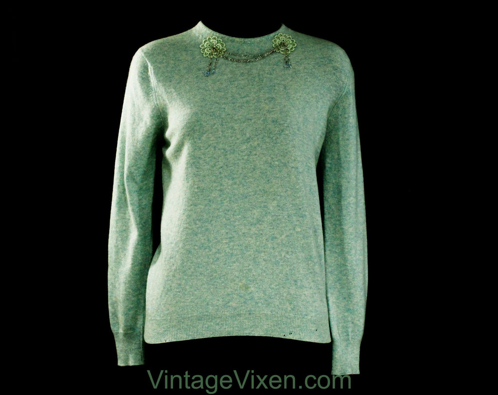 Size 8 Cashmere Sweater - Heathered Aqua Blue Luxury Knit with Beaded Swag Daisy Appliques - Sweet Glamour - 1960s Pullover Jumper - Bust 35