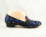 Size 7 Slippers - Unworn 1950s Bedroom Shoes - Black Red Blue Floral Brocade Boudoir Heels - Glamour Girl - 50s NOS Deadstock - 7M - 47691-1