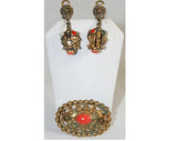 Antique Style 1940s Gold-Filled Earrings & Pin Set - Orange - Demi-Parure - Deadstock - Dangling Earrings - New In Box - 10KT Gold - 40265