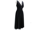 Size 8 Black Party Dress with Full Circle Skirt - Black Jersey Knit Cocktail by Designer Charles Glueck - Plunge Neck Evening Glam - Bust 38