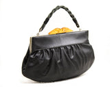 1930s Art Deco Purse - Authentic 30s Black Faux Leather Bag with Carved Amber Plastic Clasp - Rare Depression Era Handbag - As Is - 50239