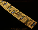 1960s Square End Tie - Antique Trains Men's 60s Novelty Print Necktie by Rooster - Locomotive Newspaper Ads - Tan Khaki Green Teal Black