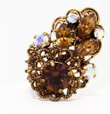 Brown Antique Style Earrings - Rich Rhinestones & Victorian Look Filigree - Amber Gold Aurora Borealis 50s Clip Ons - 1950s Western Germany