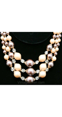 Fawn & Gray Pearls Triple-Strand Necklace - Beige Grey 1950s Office Jewelry - Secretary Elegance - Pretty Filigree - Cut Glass - 38398-1