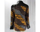 Size 12 Safari Shirt - 1990s Designer Erez Animal Print Large Silk Top - Leather Trims - Tiger Tan Brown Black White - Cache Label - Bust 40