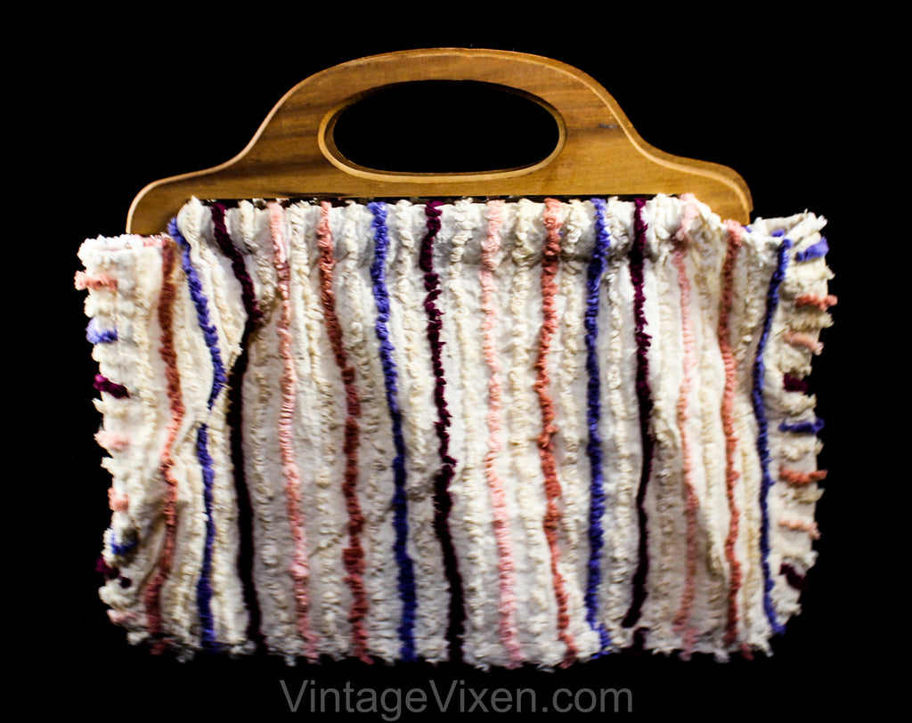 1940s Sewing Handbag - 40s World War II Era Chenille Cotton Purse - Make Do & Mend - Antique Carpet Bag Look - Pink Burgundy Purple Stripes