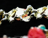 Coral Pink Roses 50s Necklace - Sweet Feminine Spring Summer 1950s 60s Molded Plastic Flowers Jewelry - Jade Green Leaves & Silver Metal