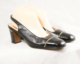 US Size 9 Celine Designer Shoes - Classic Black Leather Pumps with Patent Toe Caps & Brass Chain Detail - Euro Size 40 1/2 - 1990s High End