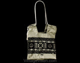 1960s Fiji Souvenir Tote Bag - Khaki Cotton 60s 70s Shoulder Purse - Primitive Novelty Print with Rope Straps & Tassel - Paper Bag Shape