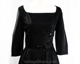 Size 6 Black Satin 50s Party Dress - Small 1950s Cocktail with Sequin Flourishes - Fitted Bodice Square Neckline Full Skirt - Waist 25.5