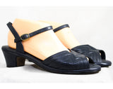 Size 9 Deco Navy Sandal - 30s Style 1970s Shoe - Dark Blue Zig-Zag Stitching - Wide Width Slingback Heels - Peep Toe 70s 80s Deadstock - 9WW