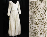 Size 6 Evening Dress - Bohemian Princess 1960s Long Sleeve Formal Gown - Exotic Gray Silk Chiffon & Metallic Gold Dainty Flowers - Bust 34