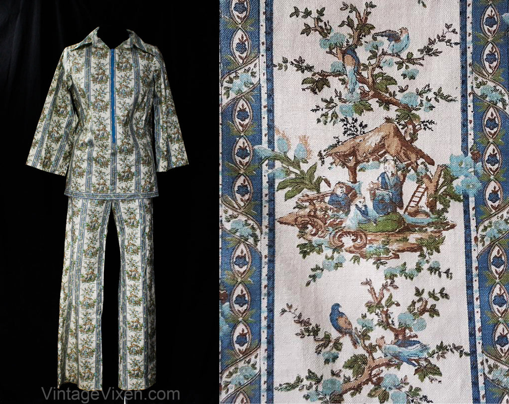 Size 8 Asian Chinoiserie Novelty Print Pant Set - 1960s Spring Cotton Pantsuit - Tunic, Shirt & Tailored Pant - 60s Deadstock - Waist 27