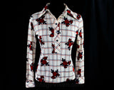 Size 8 Auburn Roses Print 1970s Polo Shirt - Medium Long Sleeved 70s Casual Top - Spring - Fall - 1970s Disco Era - Floral Plaid - Bust 36.5
