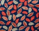 Size 6 Feather Print Dress - 1970s Soft Jersey Knit - Denim Blue Khaki & Coral Orange - 70s Spring Fall - Blouson Bodice with Cowl Neckline