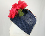 Too Fabulous 1960s Navy Straw Hat - Red Poppy - Mr John Boutique - Sophisticated Glam - 60s Summer Bucket Hat - Dark Blue with Big Flower