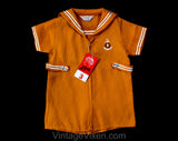 Size 2T 3T Boy's Sailor Romper - Burnt Orange 60s Summer Toddlers Play Outfit - 1960s Nautical Novelty - Anchor Embroidery NOS Deadstock