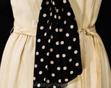 Size 8 1950s Sailor Dress - Charming Preppie Polka Dot 50s Fitted Sheath - Almond Taupe & Black Silk - Nautical Sash Neckline - Waist 26.5