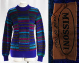 Size 10 Missoni Sweater - Tile Pattern Boucle Pullover - Early 1980s Mohair & Wool - Blue Magenta Teal Green Purple - 80s Designer Knit