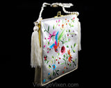 Asian Bird Evening Purse - 60s 70s Formal Handbag - Beautiful Embroidery - Fine White Satin Bag with Shoulder Strap - Blue Pink Orange