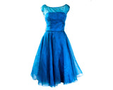 Fragile Size 8 1950s Cocktail Dress with Stardust Rhinestones - As Is Sapphire Blue Silk Organza - 50s Fit & Flare Skirt - Poor Condition