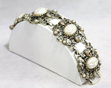 1950s Victorian Inspired Bracelet - 50s Baroque Faux Pearls Panel Bracelet - Antique Look Filigree Metal - White Gold Champagne - 50451