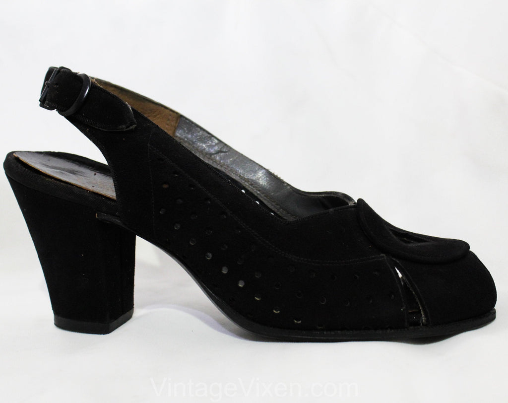 Size 6 1940s Peep Toe Shoes - Art Deco 6AAA Open Toed Black Suede Pumps with Polka Dot Perforations - Geometric Detail - 40s NOS Deadstock