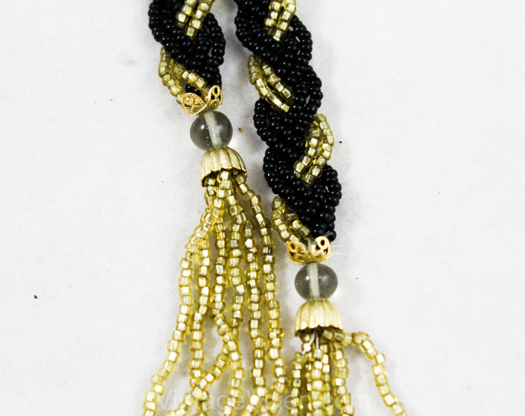 Beaded Braid Belt with Tassels - Black & Gold Glass Beads with Fluted Metal Details - Small Medium Large - Unique 1960s Goddess Tie Sash