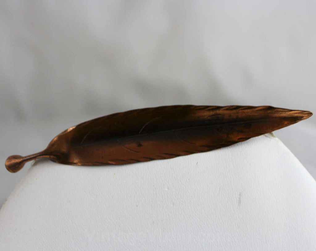 Vintage Copper Leaf Pin - Fall Autumn Brown Jewelry - Designer Stuart Nye - Long Feather Like Brooch - Metallic Modernist Artisan Design