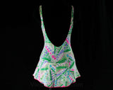 Size 6 to 10 Cute 1970s Swimsuit - Pink & Blue Flower Garden Green Grass Print Bathing Suit - Bust Support - Skirted - Modesty Panel